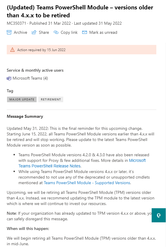 tomarbuthnot's tweet photo. And that's it #MicrosoftTeams #PowerShell folks, 

Microsoft Teams PowerShell Module 4.x.x is the only version supported now. 

All earlier versions are fully retired June 15, 2022 &amp; will stop working 

Message Center  - MC350371 https://t.co/HQMv4HT0Py