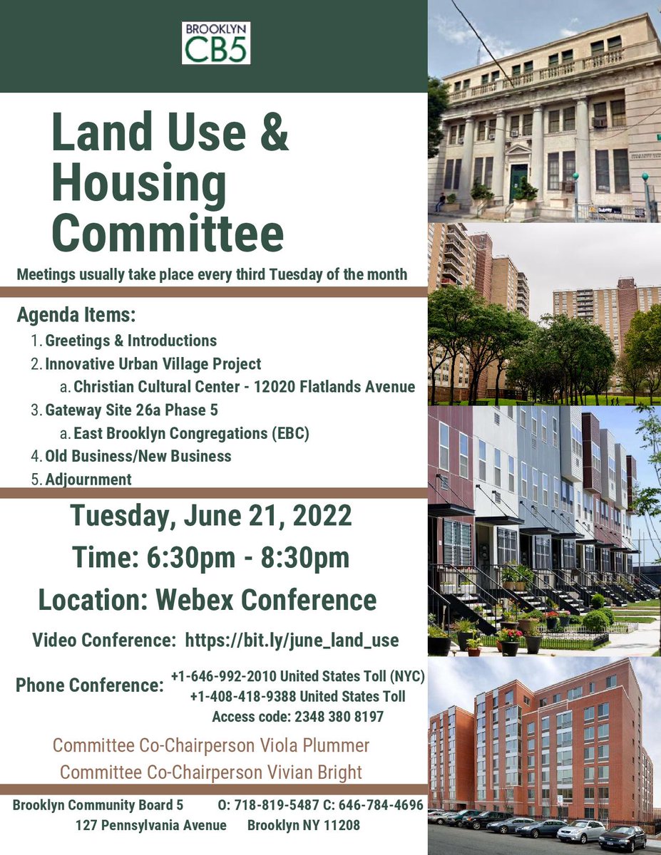 Greetings Community! Join our Land Use & Housing Committee next Tuesday for the last committee meeting of the session. Please be sure to share with your networks. #BrooklynCB5