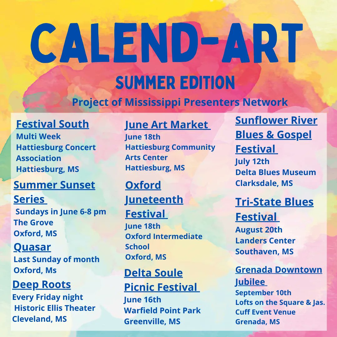 CALEND-ART is back for the Summer Edition! MSPN is providing a guide to Arts &amp; Cultural events around the state- if you would like to add an event to the calendar email 
yacvista@gmail.com