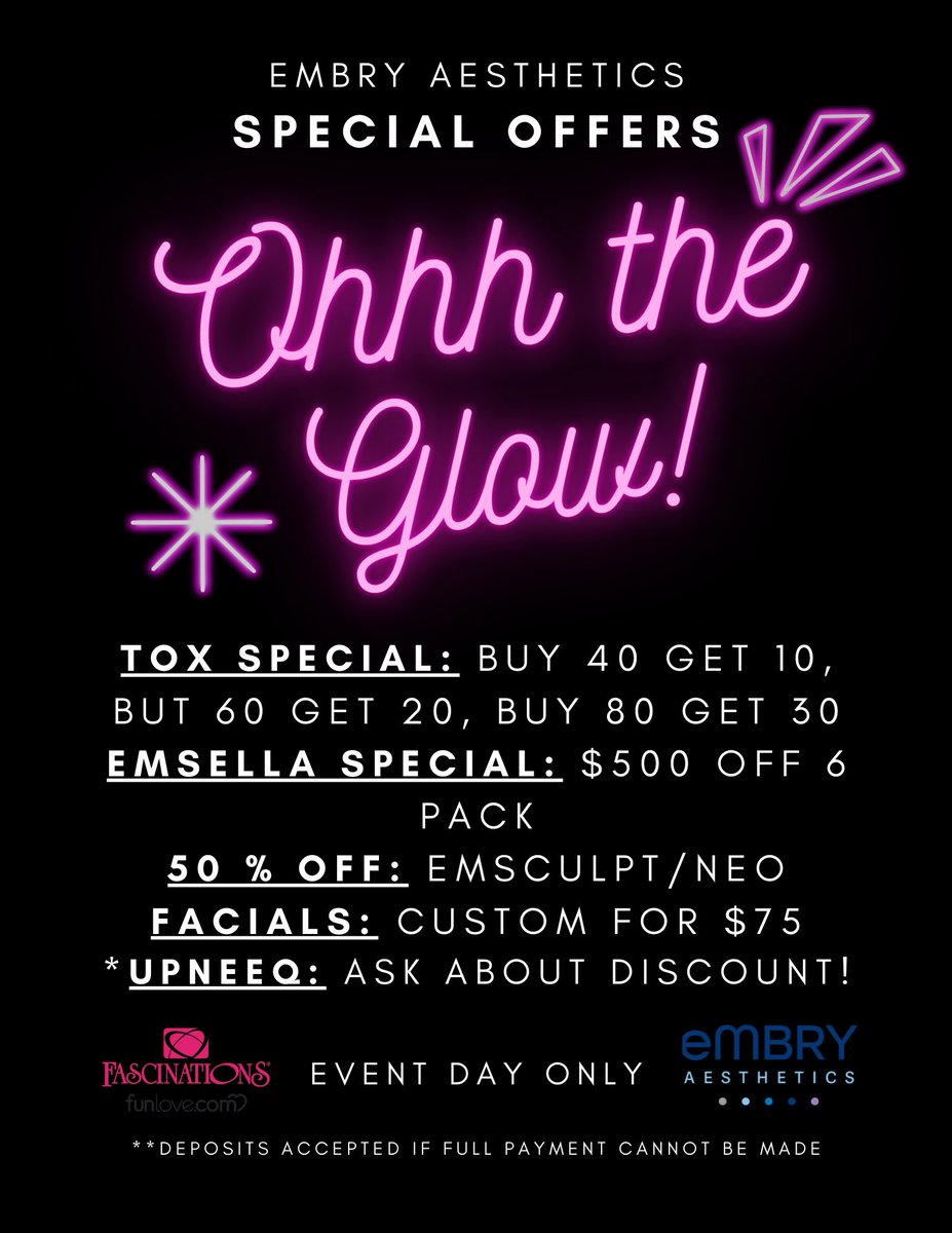 EmbryAesthetics's tweet photo. We’re so excited to see you here in the office tomorrow from 3-7pm!! Spicy night with @fascinationsfun as we celebrate #Pride &amp; #SexualHealth Here are a few of the specials we will be having! Plus food, drinks, prizes and more! 🏳️‍🌈💋 Free, 18+, all inclusive. Link in bio! https://t.co/5qCcNfFQfY
