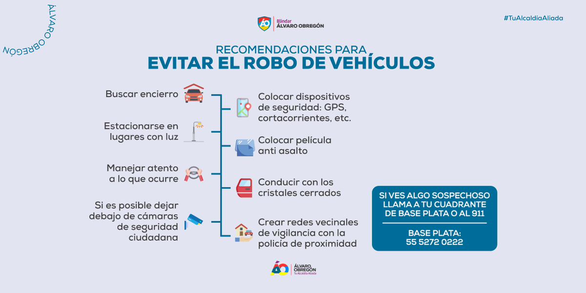 ⚠️Evita el robo de vehículos 👉 toma en cuenta las siguientes recomendaciones ¡Somos aliados de la prevención! #TuAlcaldíaAliada