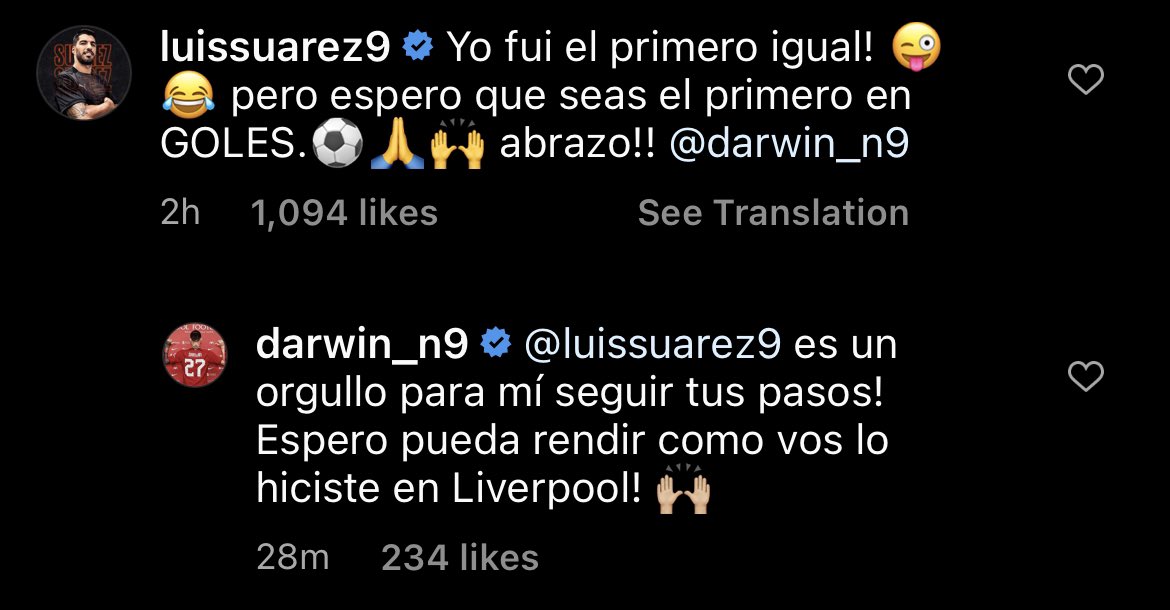 Watch_LFC's tweet photo. Darwin Nunez to Luis Suarez: 

“I am proud to follow in your footsteps. I hope I can perform like you did in Liverpool.” https://t.co/UbXrzqo9Fd