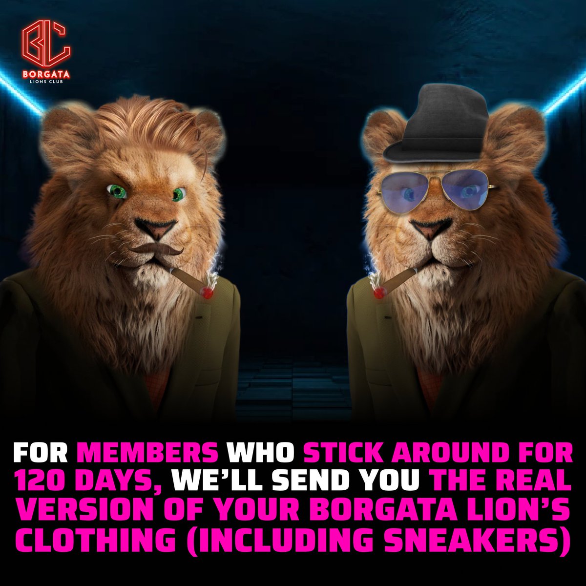 BorgataClub's tweet photo. For members who stick around for 120 days, we’ll send you the real version of your Borgata Lion’s clothing (including sneakers).

#borgatalionsclub #nft #NFTS #bayc #apesinspace #fatapeclub #partyapes
#NFTcollector #modernart #crypto #3Dart #digitalillusions #nftstories #etheruem https://t.co/N3qNMR7gEf