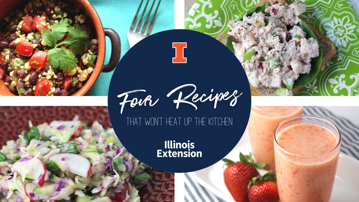 Don't heat up the kitchen! Keep your house cool with these refreshing, no-oven required <a href="/IllinoisNEP/">Illinois Nutrition Education Programs</a> recipes.  

- Quinoa Salad: eat-move-save.extension.illinois.edu/eat/recipes/qu…
- Apple Tuna Salad: eat-move-save.extension.illinois.edu/eat/recipes/ap…
- Coleslaw: eat-move-save.extension.illinois.edu/eat/recipes/co… 
- Fruit Smoothie: eat-move-save.extension.illinois.edu/eat/recipes/fr…