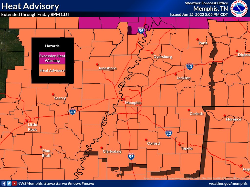 Attention 🚨 The Heat Advisory for all <a href="/NWSMemphis/">NWS Memphis</a> counties has been extended through Friday at 8PM CDT. How is this different than every other day this week, you may ask? Not much! The only difference is that it is now valid for the overnight periods as well as the daytime. 🥵🌡️