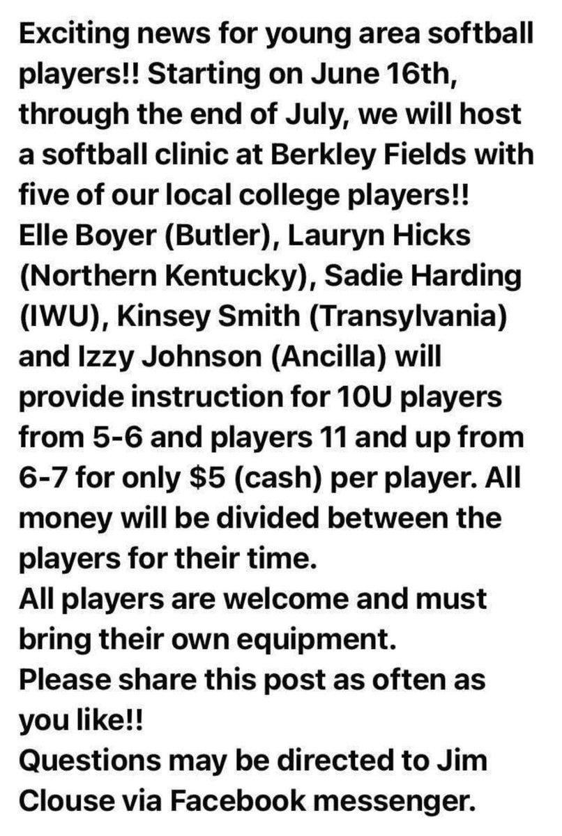laurynhicks2's tweet photo. Come out tomorrow and hang out with us for some softball fun! 😊😊 @soundingoffchap @SportsKT https://t.co/5wiJaVWkba