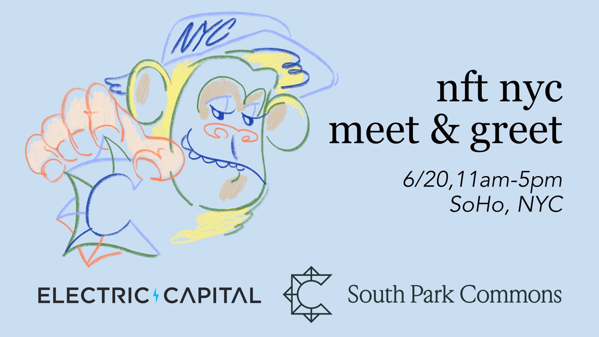 southpkcommons's tweet photo. We're hosting a series of events for https://t.co/ohabd0PMHM at our SoHo location—starting with a Meet-&amp;-Greet co-hosted with @ElectricCapital on Monday, 6/20!

AC! Co-working space! Refreshments! Cool people! NFTs! 

Sign up link 👇
https://t.co/QDNiRnqfIl https://t.co/vqw0IGhZN0