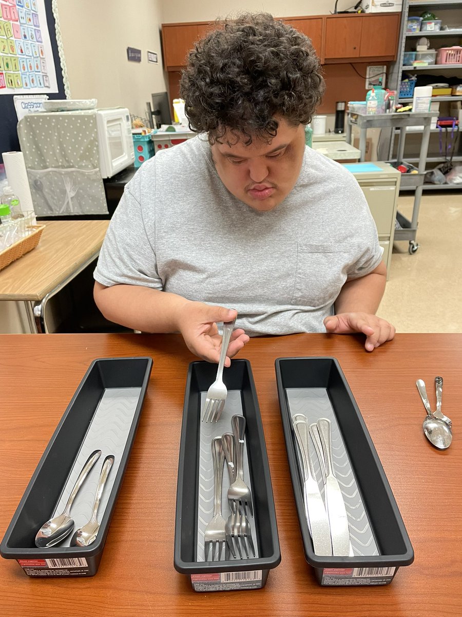 francesdhh's tweet photo. My student hard at work sorting and organizing spoons, forks and knives. Building up his job skills!! @Dr_Corcoran @BryanMRussell @sarah_gualtieri @RoyalPalm_RPS https://t.co/mgv06XVQ2z