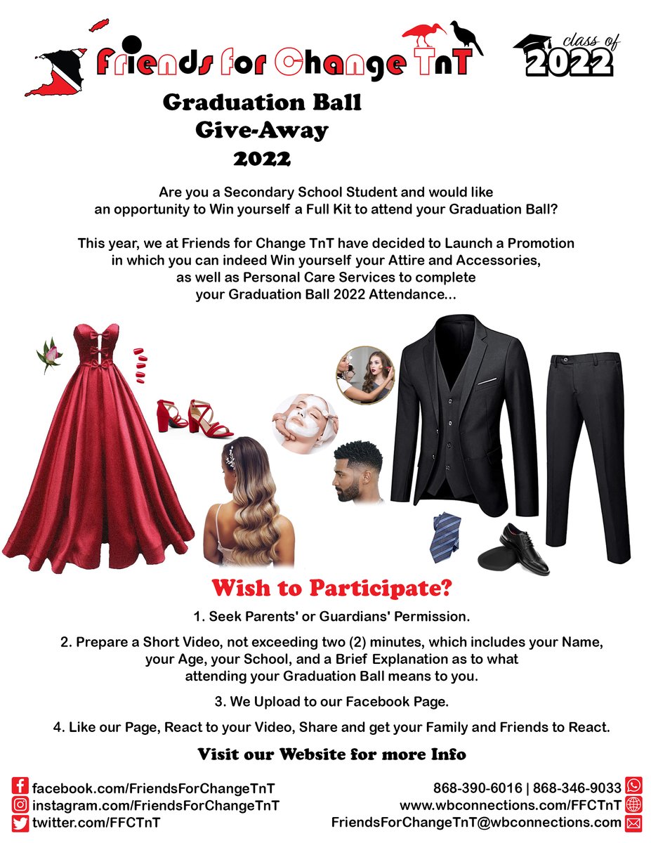 FFCTnT's tweet photo. Are you a Secondary School Student and would like an opportunity to Win yourself a Full Kit to attend your Graduation Ball?

More Info: https://t.co/RxXQVMA1Vn #FriendsForChangeTnT #TeamFFCTnT #FFCTnT #NonProfitOrganisation #NGO #NonProfit #Youth #ISupportFFCTnT #Charity #Aid https://t.co/sGHOyzJAOH