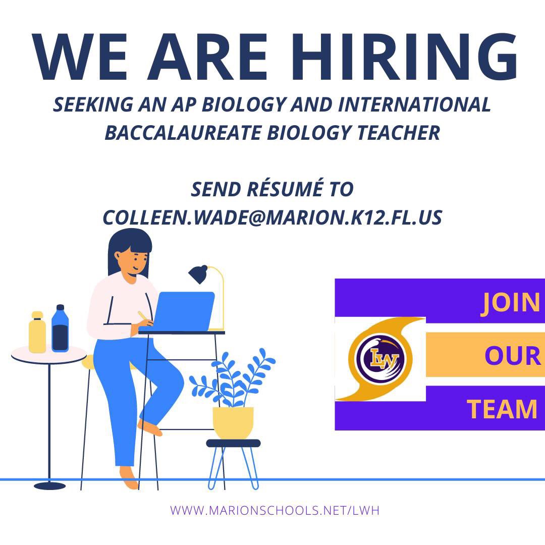 Lake Weir High School is seeking candidates for a high school science opening (AP Biology and IB Biology).
At LWHS our vision is for students, staff, parents and the community to work together in developing high-achieving, confident, lifelong learners and responsible citizens.