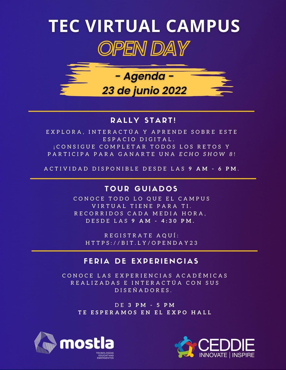 CEDDIE_MTY's tweet photo. Tec Virtual Campus Open Day 23 de junio
Te esperamos en el Expo Hall de 15:00 a 17:00 hrs (Hora Centro de México) 
Realiza el registro en: https://t.co/AmqBkDwUdF https://t.co/EBByvHz6la