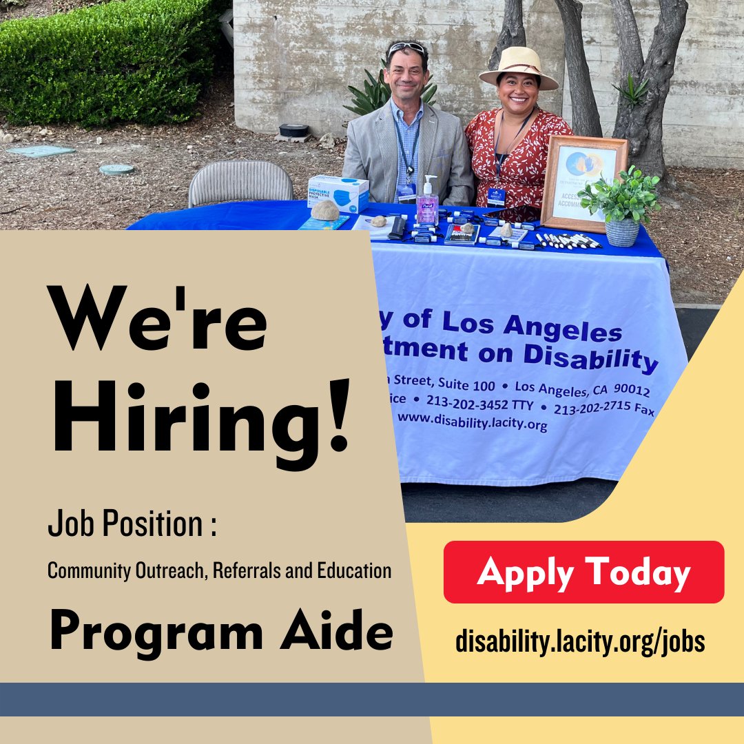 We're hiring a part-time Program Aide to work in our Community Outreach, Referrals and Education (CORE) Division!

Interested applicants should check out disability.lacity.org/jobs for more details.