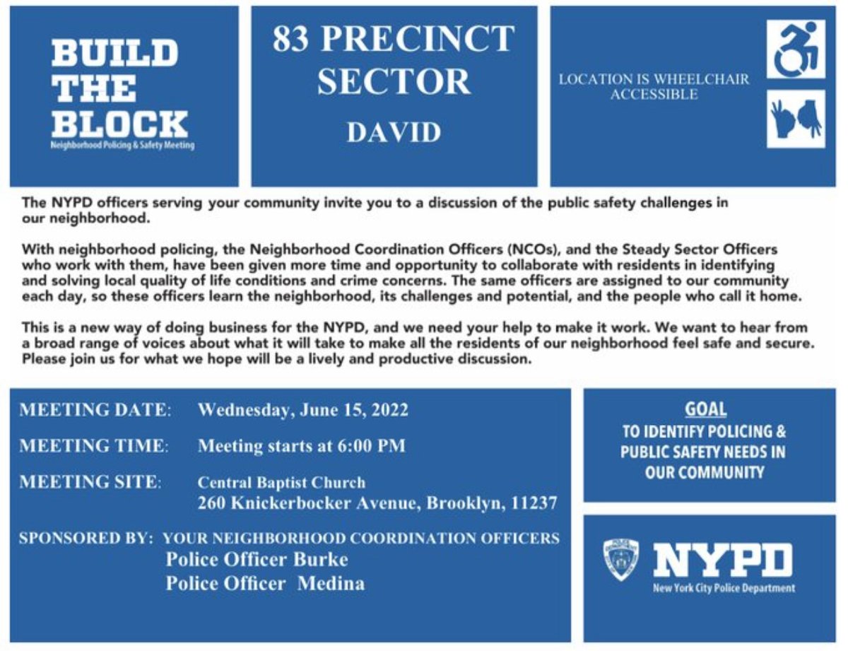 NYPD83Pct's tweet photo. NCO David’s BUILD THE BLOCK meeting is ongoing right now at 260 Knickerbocker Avenue. *** Valuable information is being shared. *** Come and meet your NCO Officers, Crime Prevention, and Community Affairs. Bring your questions and concerns! #CommunityAndPoliceWorkingTogether https://t.co/CanFS3U1Hm