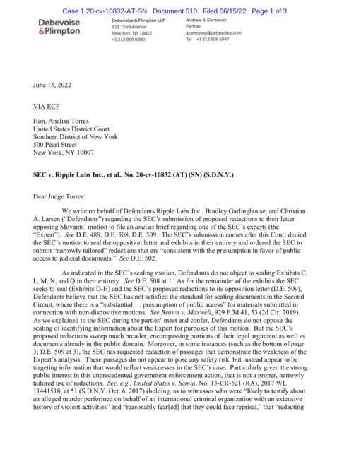 FilanLaw's tweet photo. #XRPCommunity #XRP #SECGov v. #Ripple #XRP The Ripple Defendants have filed their response to the SEC’s submission of proposed redactions to the SEC’s letter opposing Movants’ motion to file an amicus brief regarding one of the SEC’s experts. https://t.co/6w8Cr5m0u9