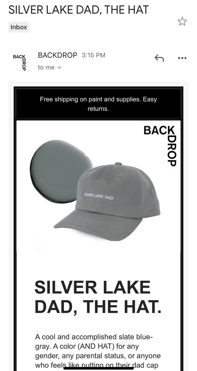 This is meta, and also great marketing. 

<a href="/Backdrop_Home/">backdrop</a> is a DTC / modern paint company. They have a v relevant shade called “Silver Lake Dad,” which is so popular that they regularly run out of samples. 

They made a dad hat out of it. Brilliant. Also, so LA.