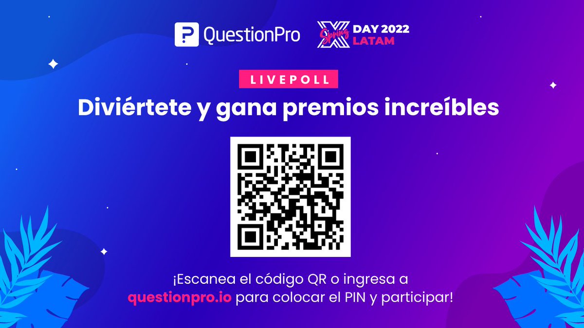questionpro_es's tweet photo. Genial, ¡Premio doble! 🤩🥳😜 Antes de irnos del #XDaySpringLATAM 2022, damos inicio a nuestra segunda sesión de #LivePolls en la que los ganadores se llevarán increíbles premios. 🎁✨

#CX #InvestigaciónDeMercados https://t.co/xkhUtFIrPg
