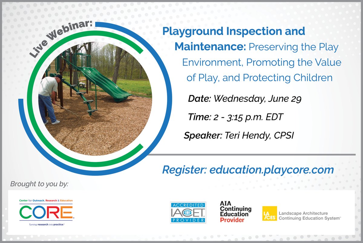 Join us for a LIVE webinar on Playground Inspection and Maintenance: Preserving the Play Environment, Promoting the Value of Play, and Protecting Children. 
 
Use the link in our and register using the code "PARK"
tinyurl.com/PlaygroundMain…