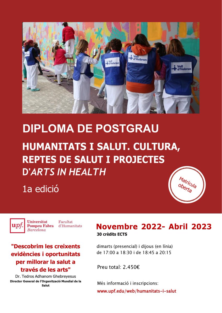 artsinhealthfdn's tweet photo. 📢 Ja pots enviar la teva candidatura pel #postgrau en #Humanitats i #Salut d'@HumanitatsUPF, fins el 4 de juliol! Més informació d'accés i matrícula https://t.co/sWxTXwkNSR @icscat @MuseuNac_Cat #estudis #postgrado #universitat #arts #artsinhealth #artsensalut #cultura https://t.co/oziCazb8bl