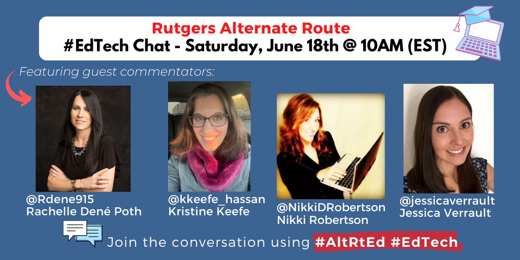 RutgersAltRoute's tweet photo. #WednesdayWisdom calls for an exciting announcement - the lineup of expert commentators for our #AltRtEd #EdTech chat! 

THIS Saturday, June 18th at 10AM (EST) @Rdene915 @kkeefe_hassan @NikkiDRobertson @JessicaVerrault will be joining. Will you be there? https://t.co/WbPNuEo9fK