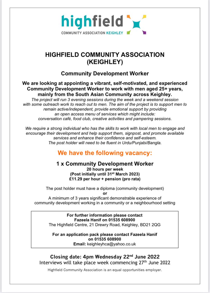 We are looking to recruit a Community Developement worker to work with men from across #Keighley please retweet