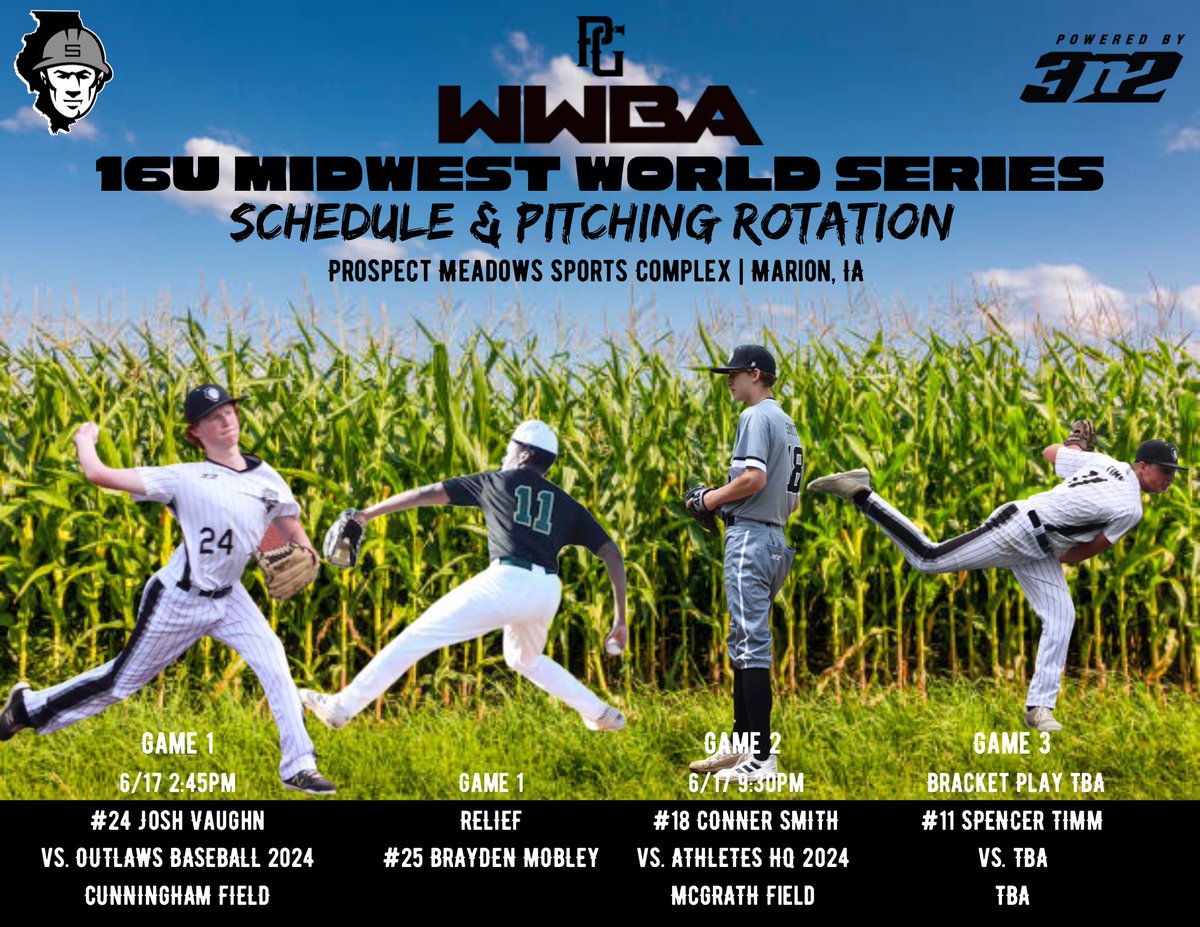 16U STEEL National <a href="/IowaPG/">Perfect Game Iowa</a> WWBA Pitching Rotation <a href="/PG_Illinois/">Perfect Game Illinois</a> <a href="/PG_Uncommitted/">PG_Uncommitted</a> 

Gm 1:<a href="/JoshVaughn2424/">Josh Vaughn</a> (<a href="/BaseballIbhs/">IBHS Baseball</a>)
Relief: <a href="/BraydenMobley/">Brayden Mobley</a> (<a href="/FremdBaseball/">Viking Baseball</a>)
Gm 2: <a href="/ConnerSmith0618/">Conner Smith</a> (Lewistown High School)
Gm 3: <a href="/spencer_timm05/">Spencer Timm</a> (<a href="/PottersBaseball/">Morton Baseball</a>)