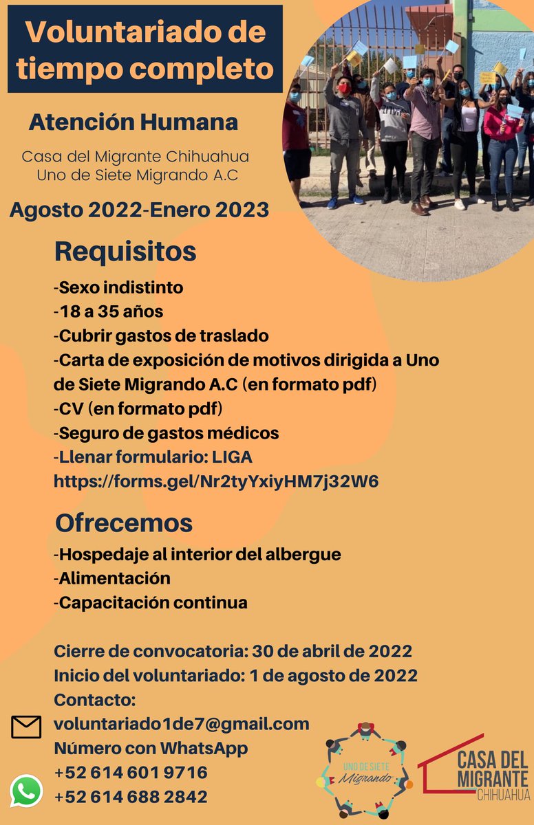 Les invitamos a postularse a la Convocatoria de Voluntariado de Tiempo Completo. ¡Vive la experiencia de colaborar con las personas en contexto de movilidad! Para mas información: contáctanos.
Formulario: forms.gle/Nr2tyYxiyHM7j3… 
#unodesietemigrando
#nadieesilegal
#DerechosHumano