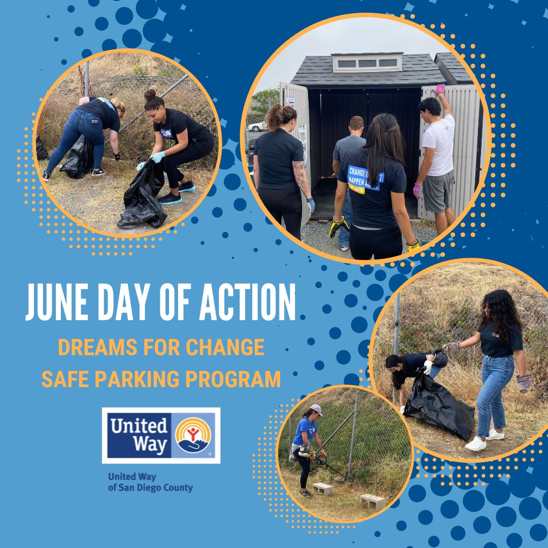 UnitedWaySD's tweet photo. UWSD Staff helped beautify one of Dreams for Change's Safe Parking lots. Beautification included cleaning up weeds, trimming trees, and building a shed. Thank you to all those who have participated and @dreamsforchng for hosting this amazing volunteer opportunity! #uwsdaction https://t.co/OBV8uwNKpH