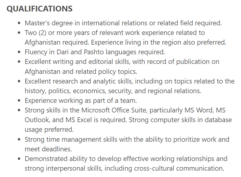 and_huh_what's tweet photo. Very, very happy to share another @USIP Afghanistan job posting, this time for a research analyst with some prior experience. Dari or Pashto required. Would love to see Afghan-heritage candidates apply.

https://t.co/CRt6iFbeRt https://t.co/rlJrHXT28b