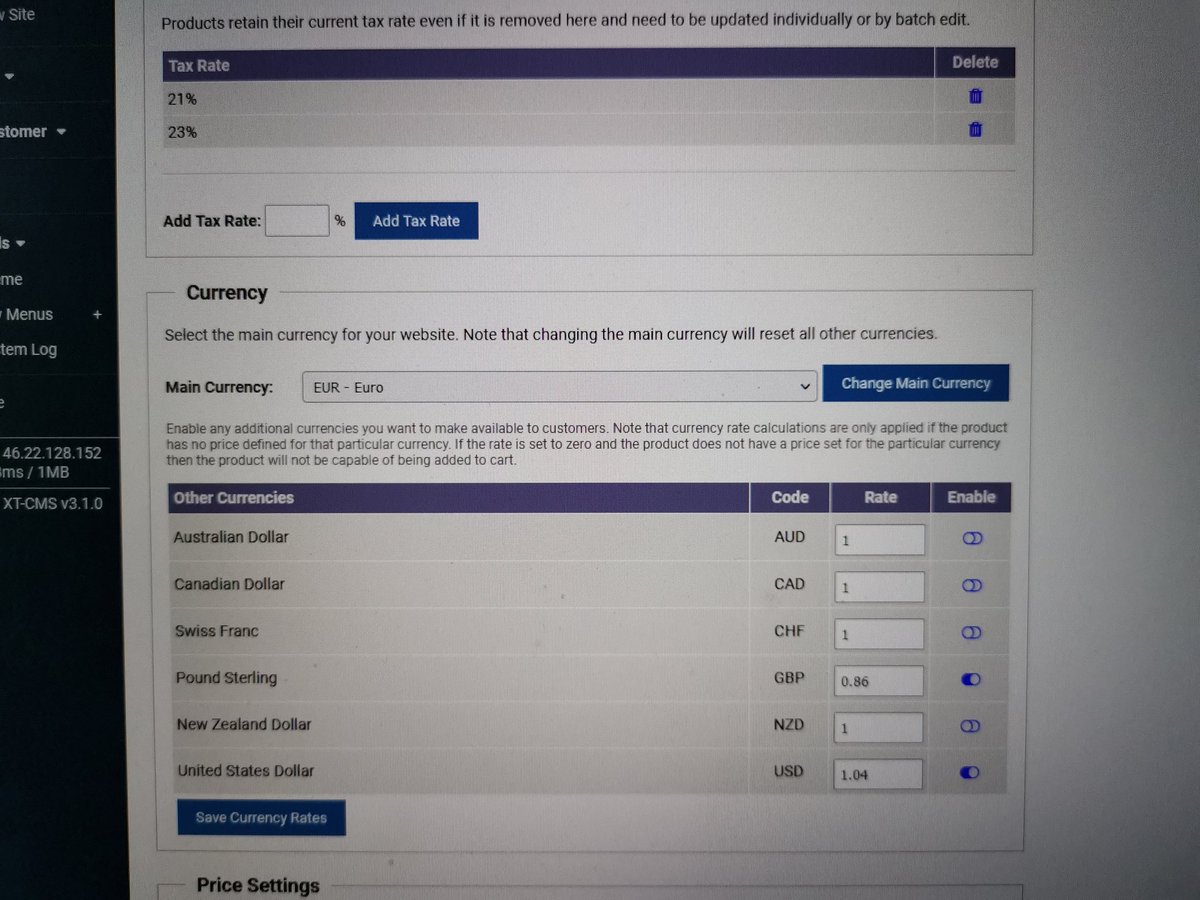 xtom's tweet photo. New currency settings UI. Working on adding multi-currency support for #xtcms ecommerce cms. #webdev #workinprogress https://t.co/MsK56paP6g