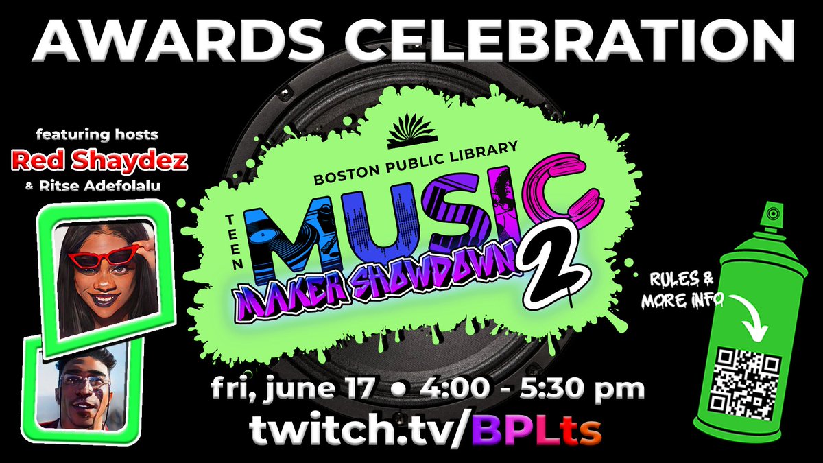 THE WINNERS HAVE BEEN CHOSEN! Friday June 17th from 4-5:30pm on Twitch.tv/bplts, <a href="/redshaydez1/">Red Shaydez ♎️</a> and <a href="/bpllmlibrary/">Lower Mills Library</a> 's own Ritse Adefolalu will be announcing the winners on this live stream

<a href="/BPLBoston/">Boston Public Library</a> <a href="/ZUMIXInc/">ZUMIX</a> <a href="/TheClubhouseNet/">The Clubhouse Network</a>  <a href="/icateens/">ICA Teens</a> <a href="/THHTFam/">THHT</a> 

#bpl #boston #music #tmms