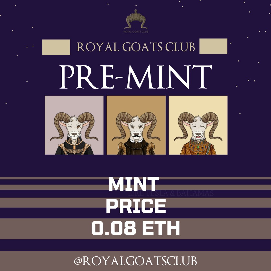 Our Premint is officially open!! 🐐

Use the link in our bio to get on the Royal List today!

The benefits of signing up for Premint include a minting price of .08 ETH, an entry to the Tesla Giveaway, Royal Doe Airdrop, and being able to purchase a RGC NFT before the public!
