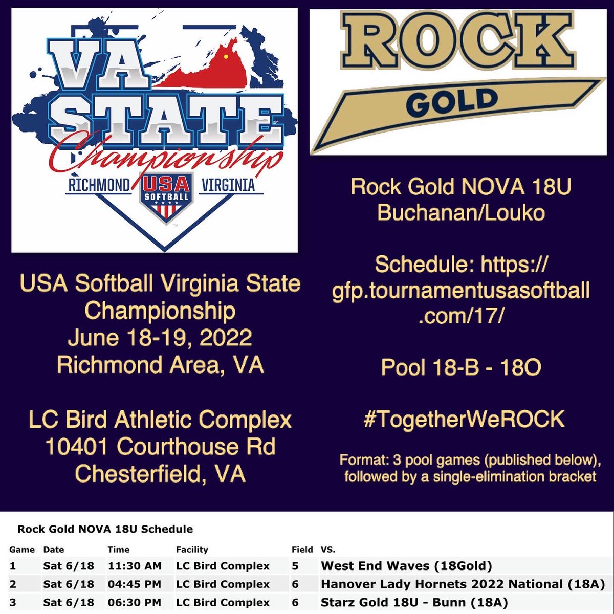 Business trip this weekend to the capital city. It is time for the <a href="/usasoftballofva/">USA Softball of VA</a> Virginia State Championship‼️💪🎸🥎

Schedule: gfp.tournamentusasoftball.com/17/

#TogetherWeROCK