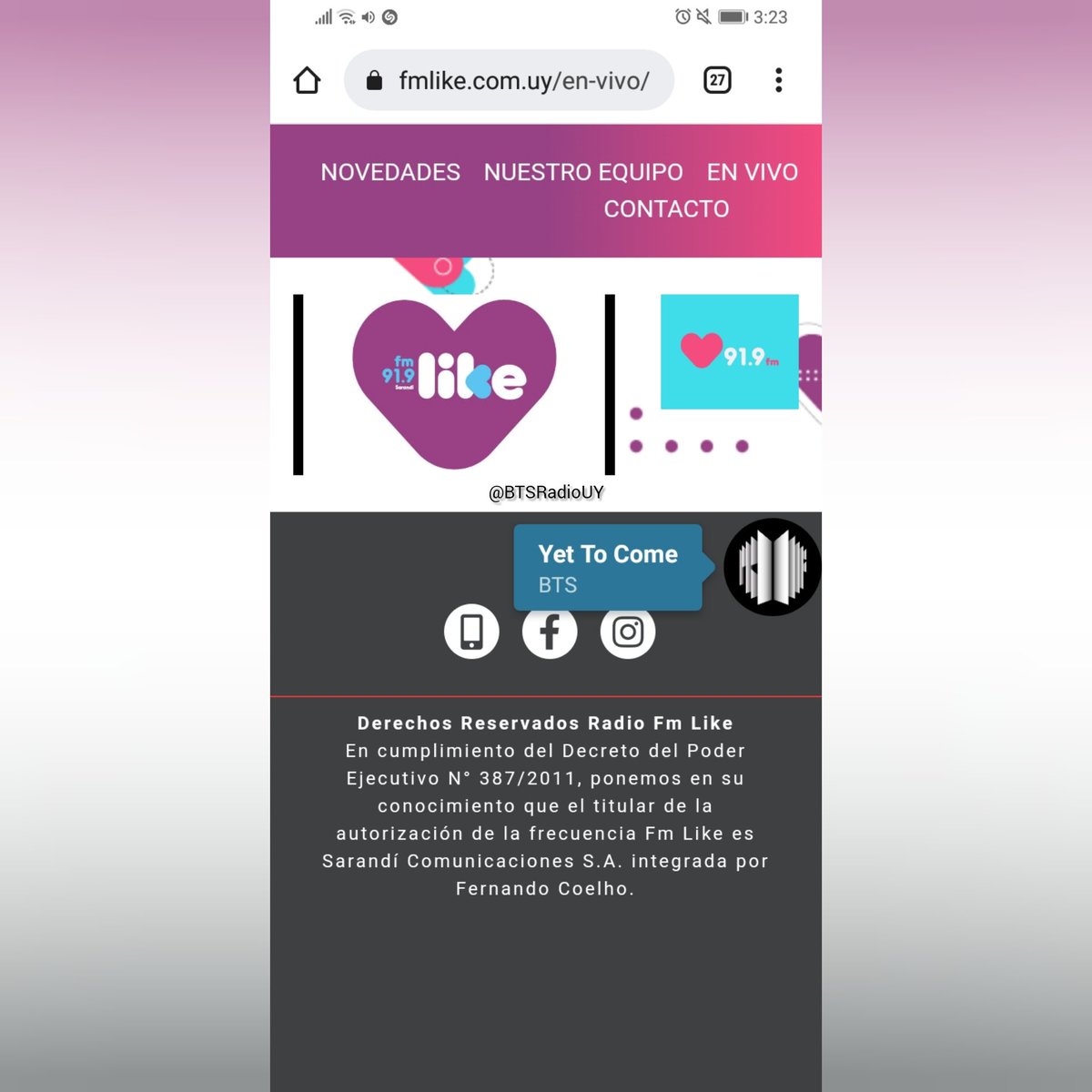 BTSRadioUY's tweet photo. [📻 Radio]

¡Sonó #YetToCome de @BTS_twt en FM Like 91.9! 🎶

Muchísimas gracias a Florencia Hernández por programar la canción en #TardeLike

¡ARMY! Sintoniza y solicita por #BTS

#SuenaBTSenUruguay https://t.co/mvk9RnlCQR