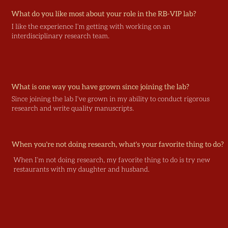 RBVIP_lab's tweet photo. Our Graduate Research Assistant, Danielle Walker, brings an extensive background of both academic and experiential knowledge in the field of psychiatric nursing to the RB-VIP Lab team. Sending a huge congratulations to @danielletanika on officially becoming a #PhDcandidate! https://t.co/EzAhek0rG5