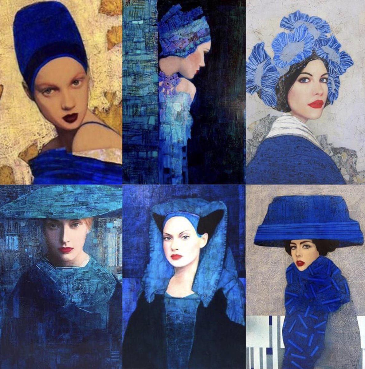 Richard Burlet es un artista francés contemporáneo cuya preciosa obra rinde homenaje a Gustav Klimt, el modernismo y a las mujeres de la Edad de Oro de Viena (1900 a 1918).

Me encanta porque es como ver a Klimt en azul, rojo o malva...

👇🏻 Abro hilo corto. Empiezo en azul.