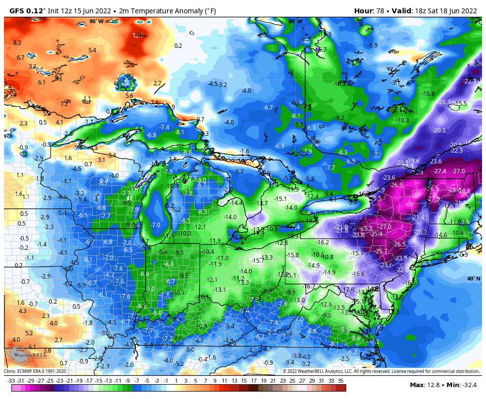 BigJoeBastardi's tweet image. heck of a cold shot into the Ne this weekend. May be frost in parts of NE.  Look at the Deviations from average Saturday afternoon!