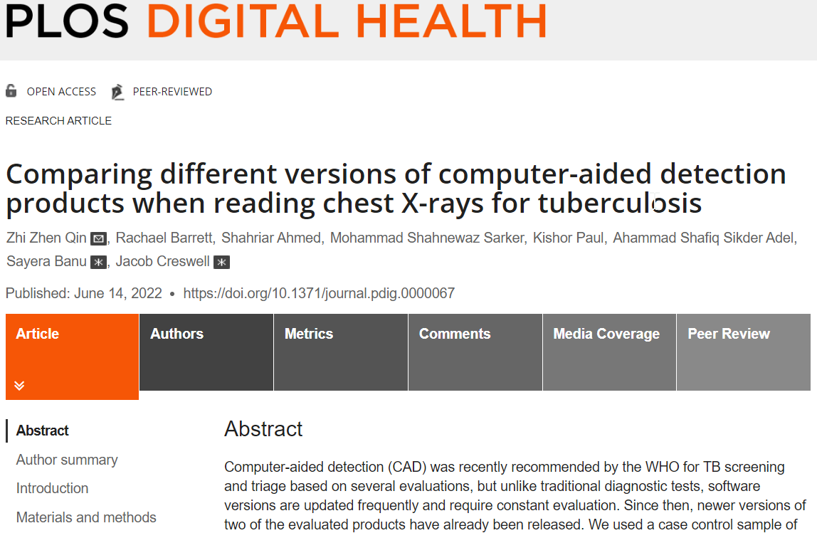PLOSDigiHealth's tweet photo. In this new research article Qin et al follow up on the @WHO recommendation to use #AI -powered #ComputerAidedDetection for #tuberculosis screening/triage, with a comparison of CAD4TB and qXR performance to their predecessors #MedicalImaging #DigitalHealth https://t.co/8heU9uFNae https://t.co/ZCAP8mfR3O