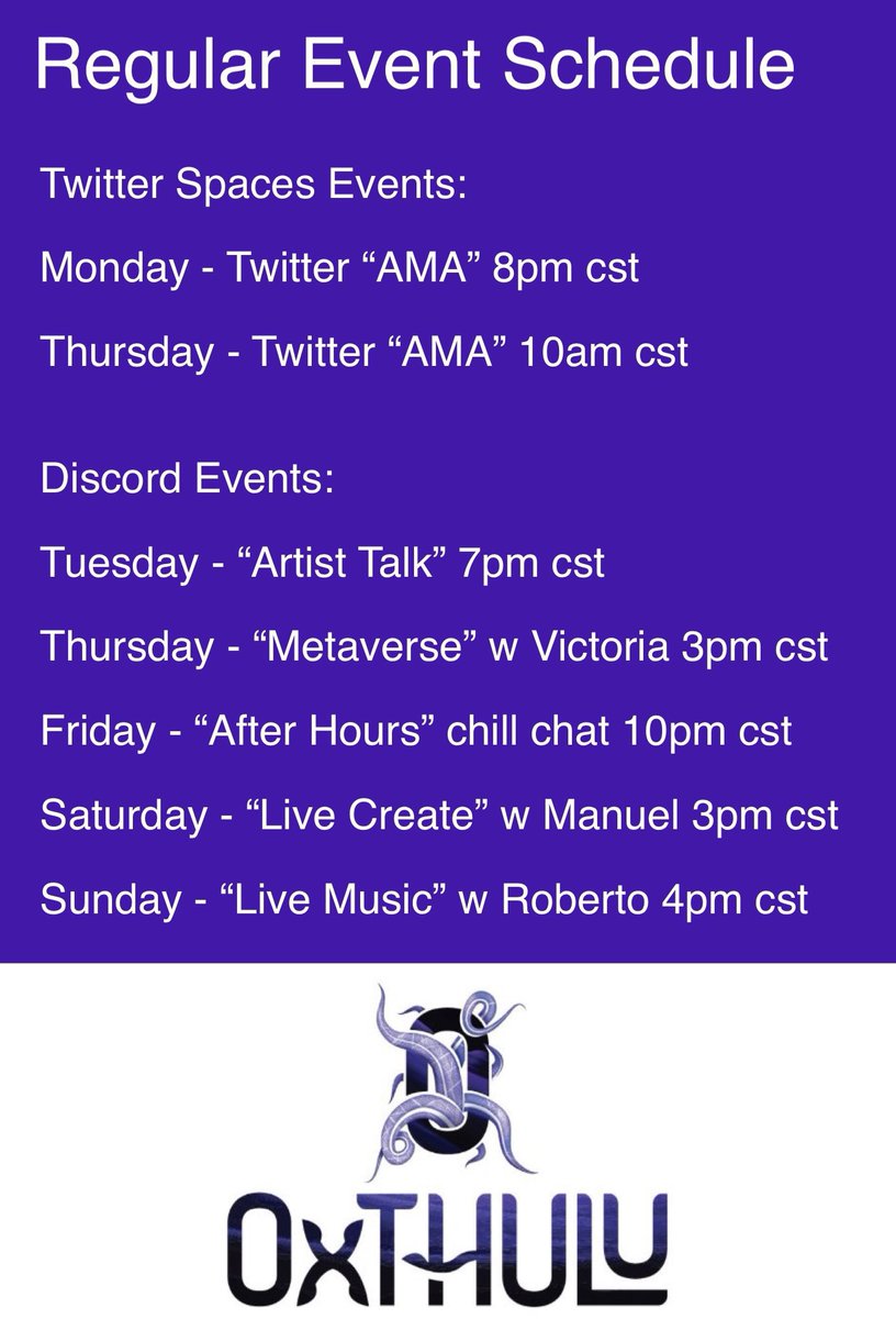 vwestphoto_nb's tweet photo. The @0xTHULU events schedule. This week I’ll be giving a 101 into the @cryptovoxels metaverse. Join us to learn the basics of getting around, looking fab and building. Thursday at 3pm CST. Link to discord below. https://t.co/vCD4kqspmN