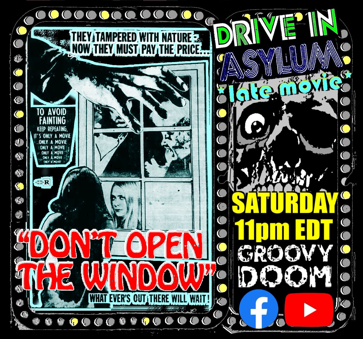Groovy_Doom's tweet photo. DON'T OPEN THE WINDOW, it's too hot out there! Stay inside in the air conditioning and watch one of the best zombie movies ever made with us this Saturday at 11pm EDT, Jorge Grau's gory, creepy ode to the shambling dead! #dontopenthewindow #driveinasylum #letsleepingcorpseslie https://t.co/C8mSRdtwCY