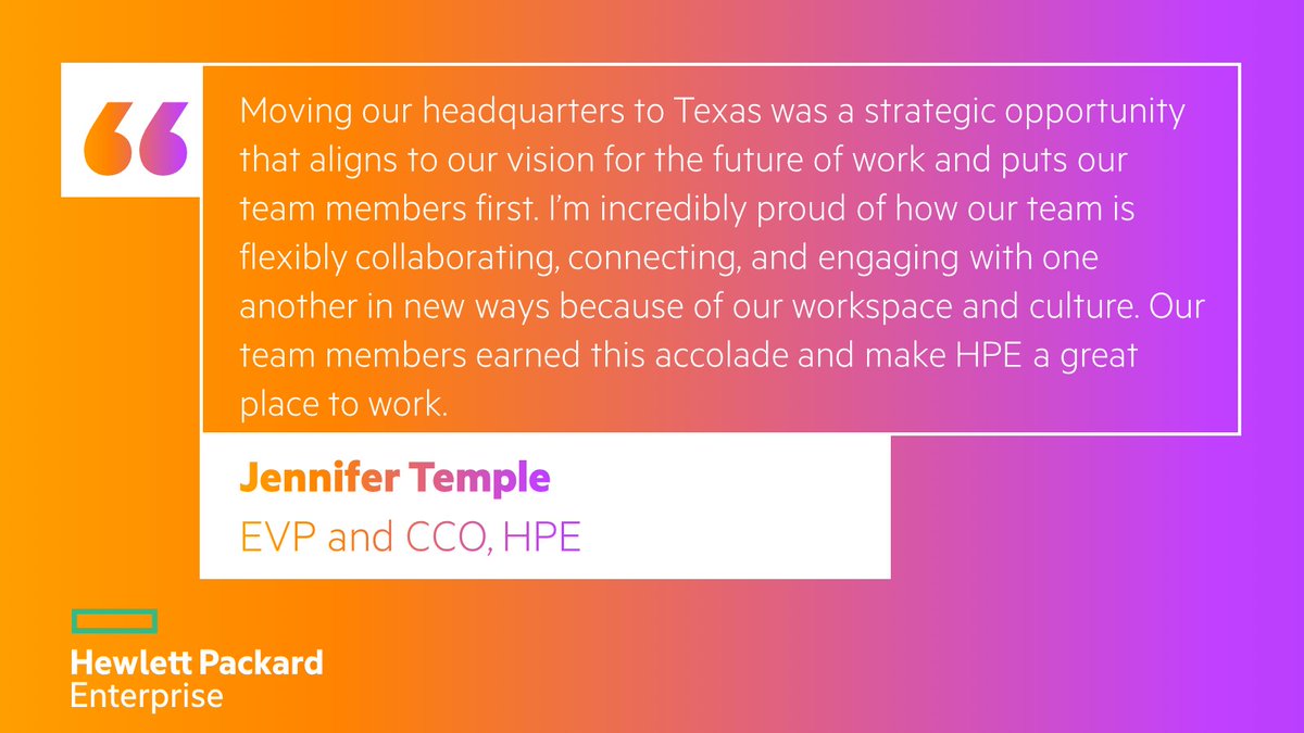 HPE_News's tweet photo. .@HPE takes #2 on @FORTUNEMagazine's 'Best Workplaces in Texas 2022' list! Alongside team members, @jenatemple reflects and celebrates this accolade. 

https://t.co/xPh9b55OJp https://t.co/k01TdcQ0iU