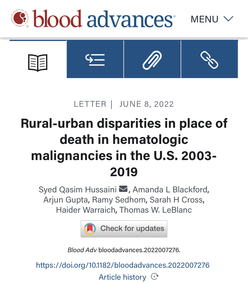 Qasim Hussaini, MD (@qasimhussainimd) on Twitter photo Out today in <a href="/BloodAdvances/">Blood Advances</a>, we show stark disparities in access to end-of-life care for individuals with hematologic malignancies living in Rural America
Our findings and thoughts on this important, nuanced & policy-relevant topic below. We can do better bit.ly/3xUbyfx Out today in <a href="/BloodAdvances/">Blood Advances</a>, we show stark disparities in access to end-of-life care for individuals with hematologic malignancies living in Rural America
Our findings and thoughts on this important, nuanced & policy-relevant topic below. We can do better bit.ly/3xUbyfx