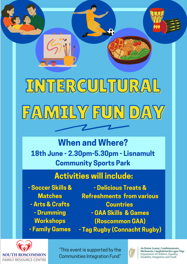 RosVolCentre's tweet image. Really looking forward to supporting our second community volunteers event. South Roscommon FRC are holding an International Family Fun Day this Sat, 18 June from 2:30 p.m. in Lisnamult Park in Roscommon Town. Games, food, crafts--we'll see you there!