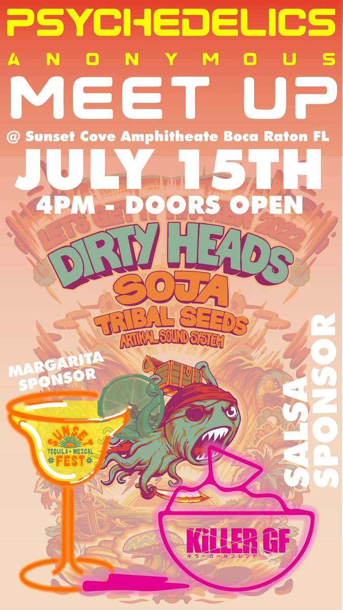 FwaygoJoe's tweet photo. @TequilaFest_eth and @killergfnft are going to sponsor a @psychanon meetup/tailgate for the @dirtyheads concert in Boca on July 15th! Let me know if you’re coming out so I can make sure we don’t run out of tequila https://t.co/JSFFYl58lq