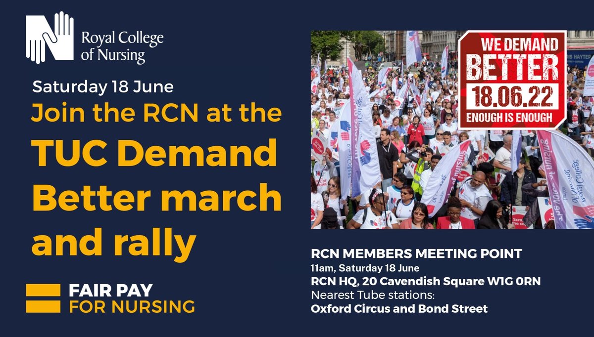 theRCN's tweet photo. With a staffing crisis putting patients in harms way, and a spiralling cost of living crisis, there is no better time to stand up for yourself and for nursing.

Join us at the TUC #DemandBetter march and rally on 18 June to demand #FairPayForNursing.

📅 https://t.co/f0lbUowjYU https://t.co/yivPSGTMip