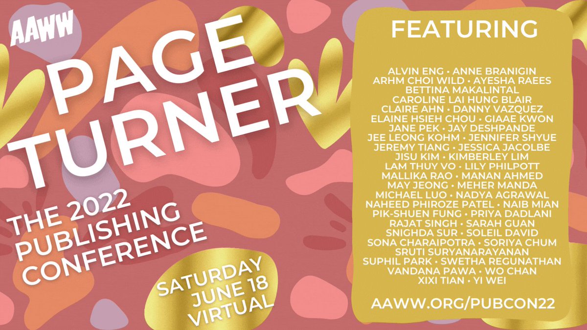 The @aaww publishing conf is happening this Saturday! Will be sharing a panel w @mayjeong, @AnneBranigin & Sru­ti Surya­narayanan to talk about how we can care for each other and ourselves while covering some pretty gruesome stuff. ♥️ (DM me for a discount code for tix).