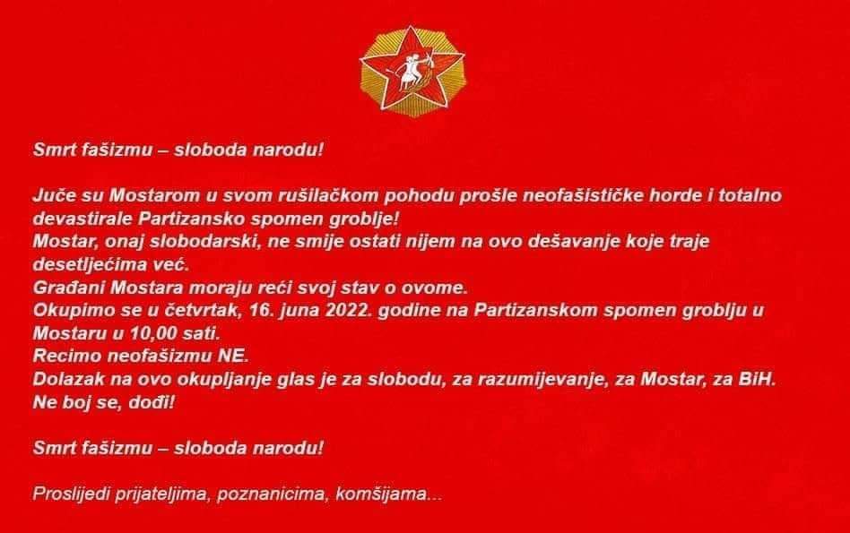 SamBeharic's tweet photo. Those capable of organizing a demolition of 700 memorial stone plaques in the middle of the night and without anyone noticing are logistically "ripe" to kill 700 people.

If you are tomorrow in #Mostar, join the protest against neo-fascism starting 10 AM at the Partisan Cemetery. https://t.co/Tt1POWTeVo
