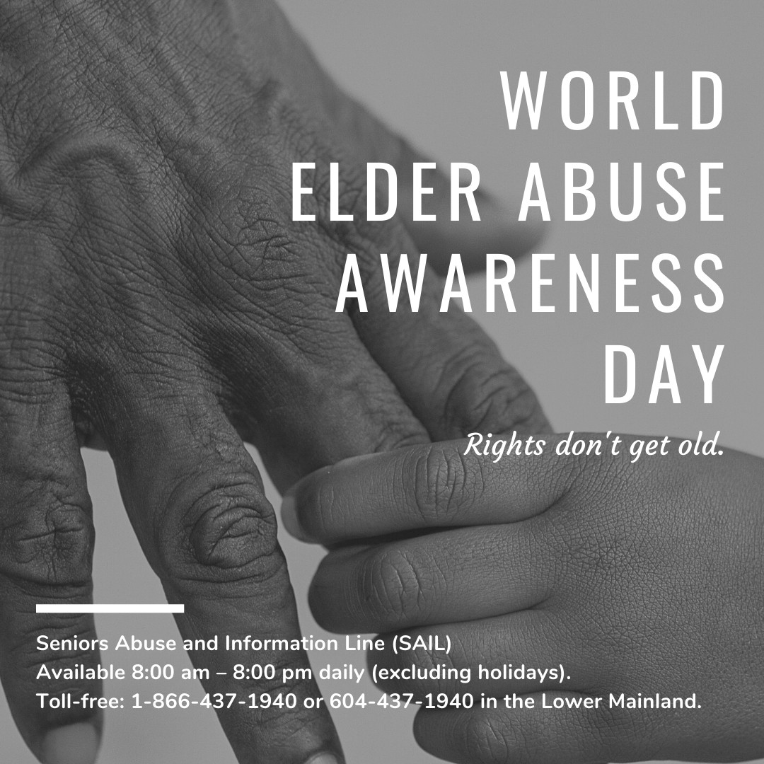 Elder abuse is a health and human rights issue that affects seniors globally. Today on #WorldElderAbuseAwarenessDay let's remind the world that #RightsDoNotGetOld. Please find the SAIL helpline for BC here 💙

#WEAAD #WEAAD2022