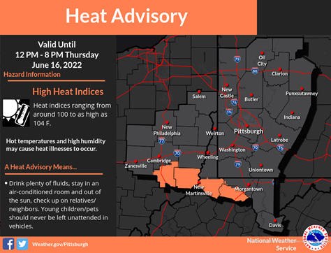 NWSPittsburgh's tweet photo. Lingering heat will give way to increasing thunderstorm chance on Thursday.   The Storm Predication Center has upgraded parts of the area to an "enhanced" risk.   Damaging wind gusts are the primary threat, but incidents of large hail and isolated tornadoes are also possible. https://t.co/1hsnZqMtcB