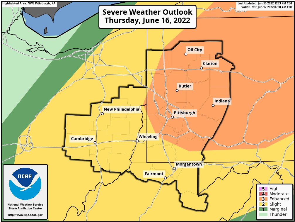 NWSPittsburgh's tweet photo. Lingering heat will give way to increasing thunderstorm chance on Thursday.   The Storm Predication Center has upgraded parts of the area to an "enhanced" risk.   Damaging wind gusts are the primary threat, but incidents of large hail and isolated tornadoes are also possible. https://t.co/1hsnZqMtcB