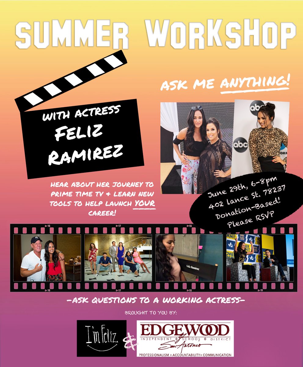 FREE Summer Workshop, San Antonio,  JUNE 29th 6-8pm! OPEN TO PUBLIC. Diving into the acting industry and how to launch your own career. PLEASE SHARE! 
Support and donate here: linktr.ee/ImFeliz
RSVP: eventbrite.com/e/im-feliz-sum…

#sanantonio #Texasactor #Actingworkshop